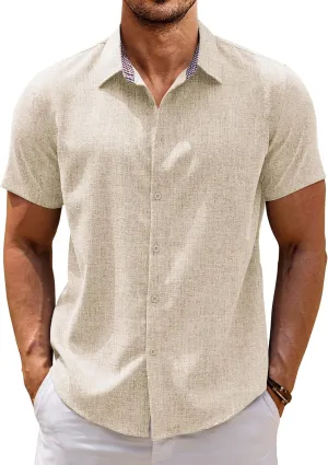 COOFANDY Mens Linen Shirt Casual Short Sleeve Button Down Shirts Summer Beach Vacation Tops