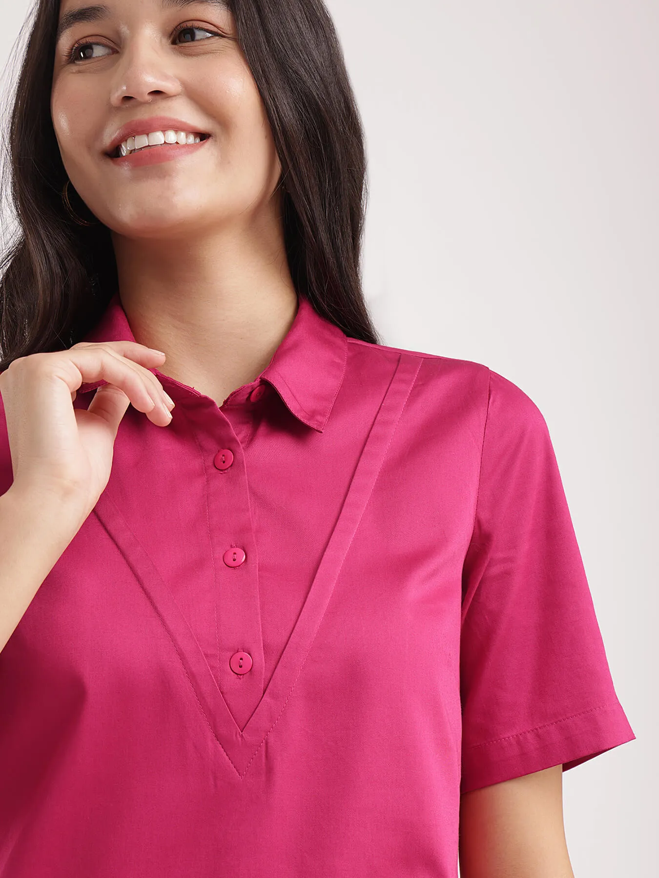 Cotton Shirt Dress - Fuchsia