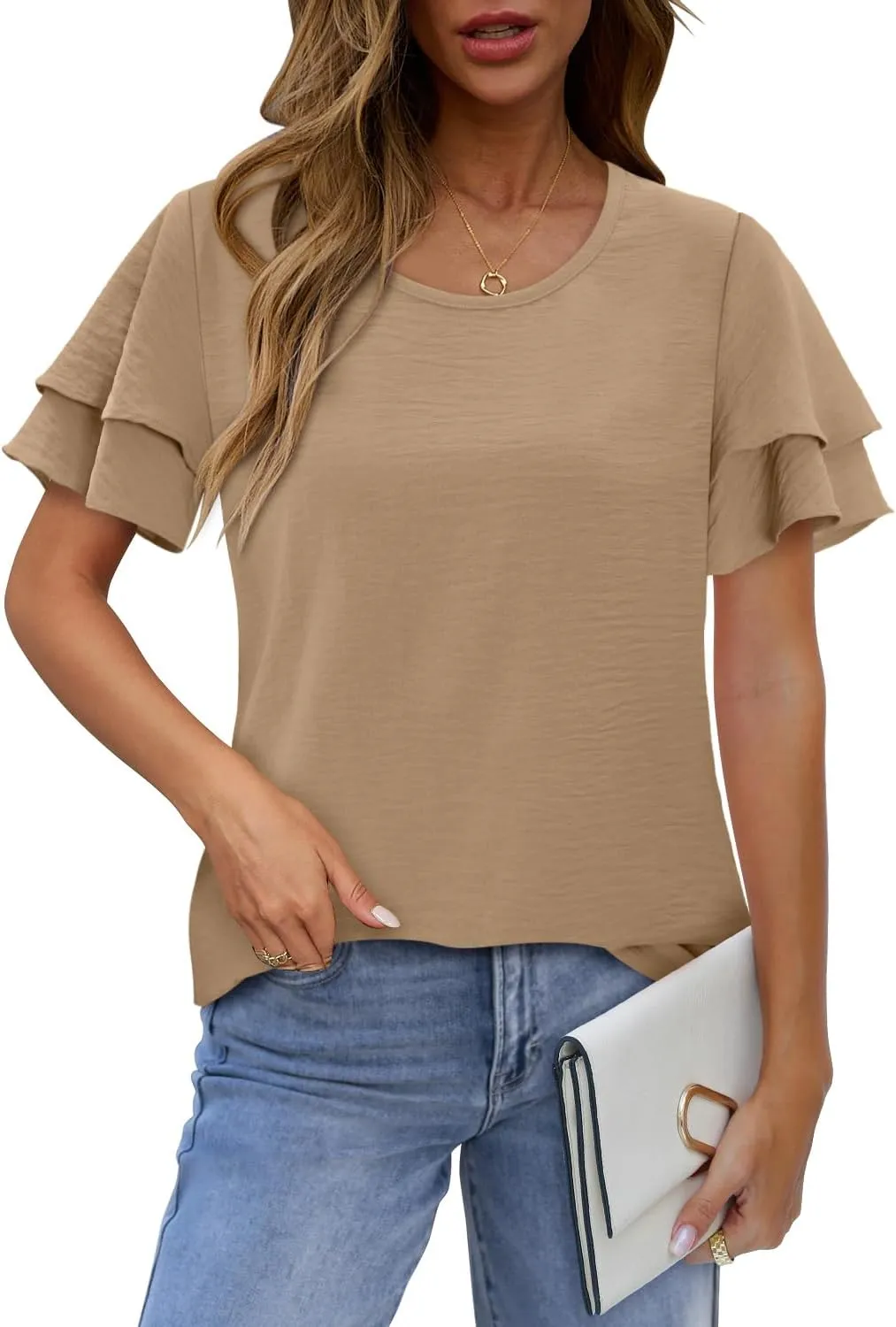CRAZY GRID Women's Shirts Summer Casual Crewneck Ruffle Short Sleeve Blouses Cute Floral Print Tunic Tops Loose Fit Tee