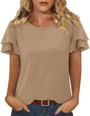 CRAZY GRID Women's Shirts Summer Casual Crewneck Ruffle Short Sleeve Blouses Cute Floral Print Tunic Tops Loose Fit Tee