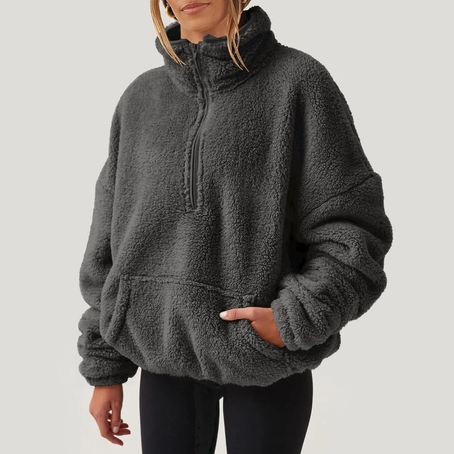 Cropped Half Zip Pullover Women Comfy Warm Sherpa Fleece Sweatshirt No Hood Quarter Zip Sweater with Pockets