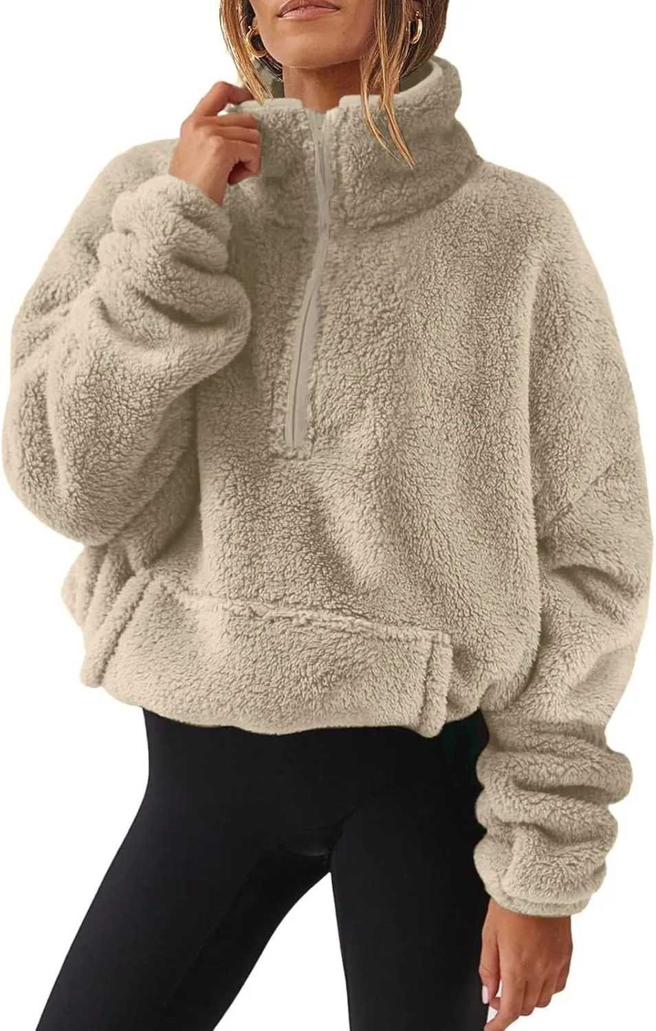 Cropped Half Zip Pullover Women Comfy Warm Sherpa Fleece Sweatshirt No Hood Quarter Zip Sweater with Pockets