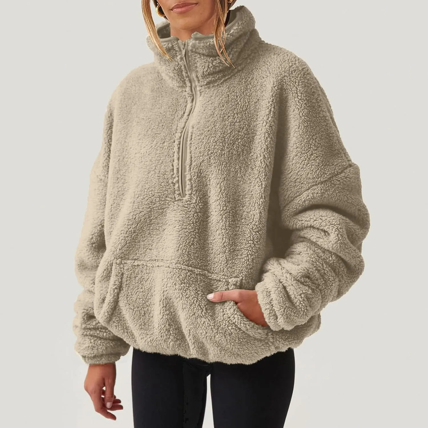 Cropped Half Zip Pullover Women Comfy Warm Sherpa Fleece Sweatshirt No Hood Quarter Zip Sweater with Pockets