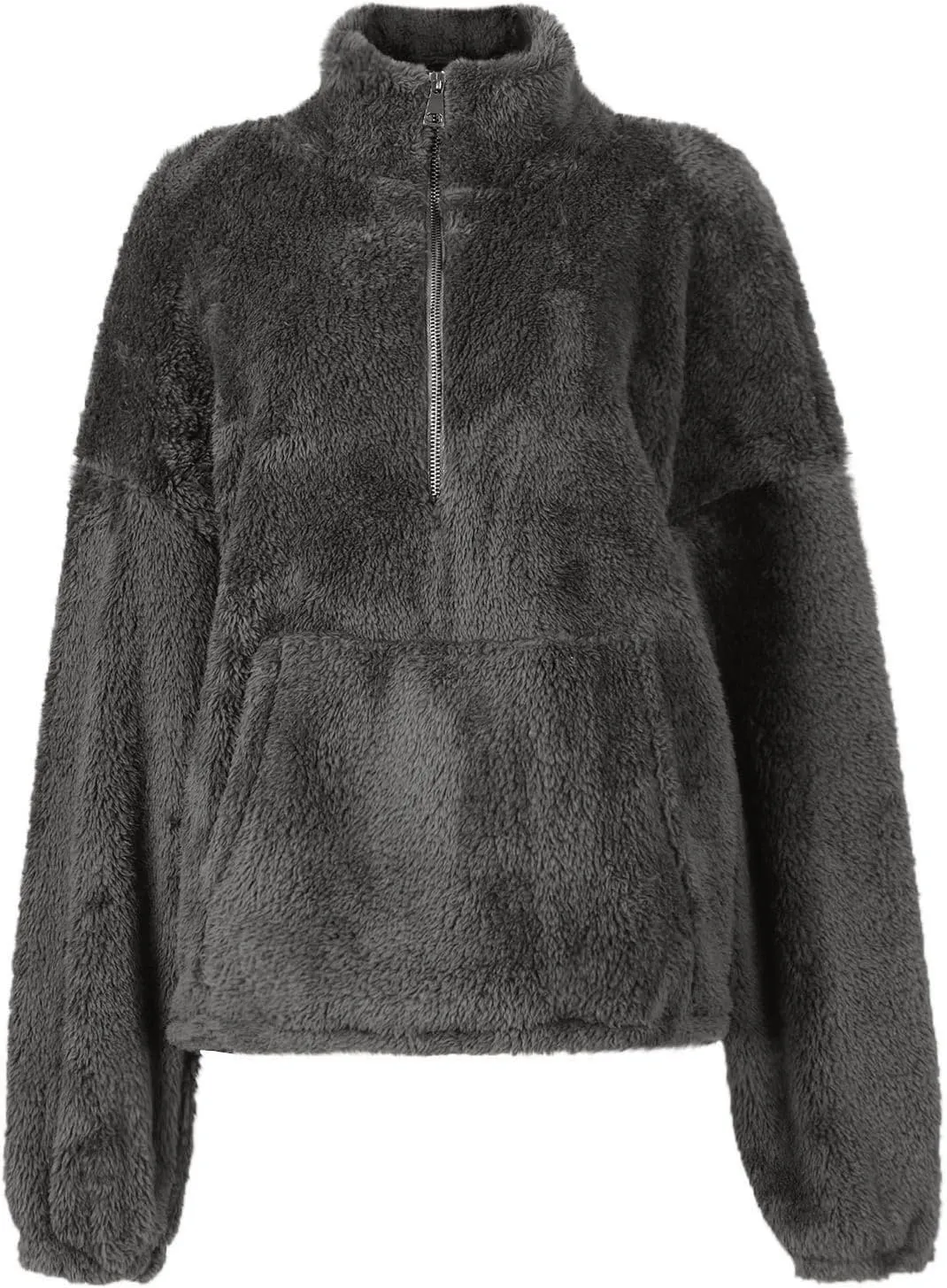 Cropped Half Zip Pullover Women Comfy Warm Sherpa Fleece Sweatshirt No Hood Quarter Zip Sweater with Pockets