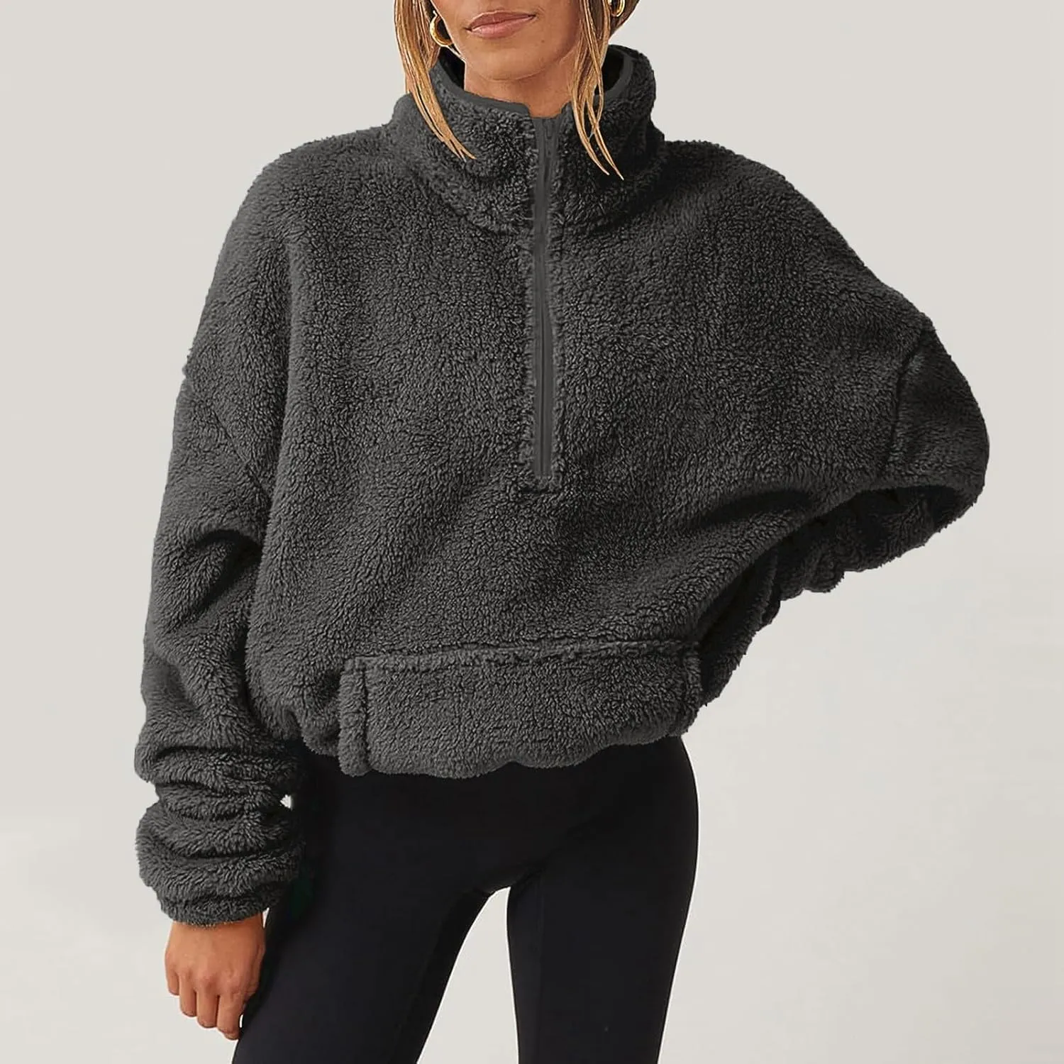 Cropped Half Zip Pullover Women Comfy Warm Sherpa Fleece Sweatshirt No Hood Quarter Zip Sweater with Pockets