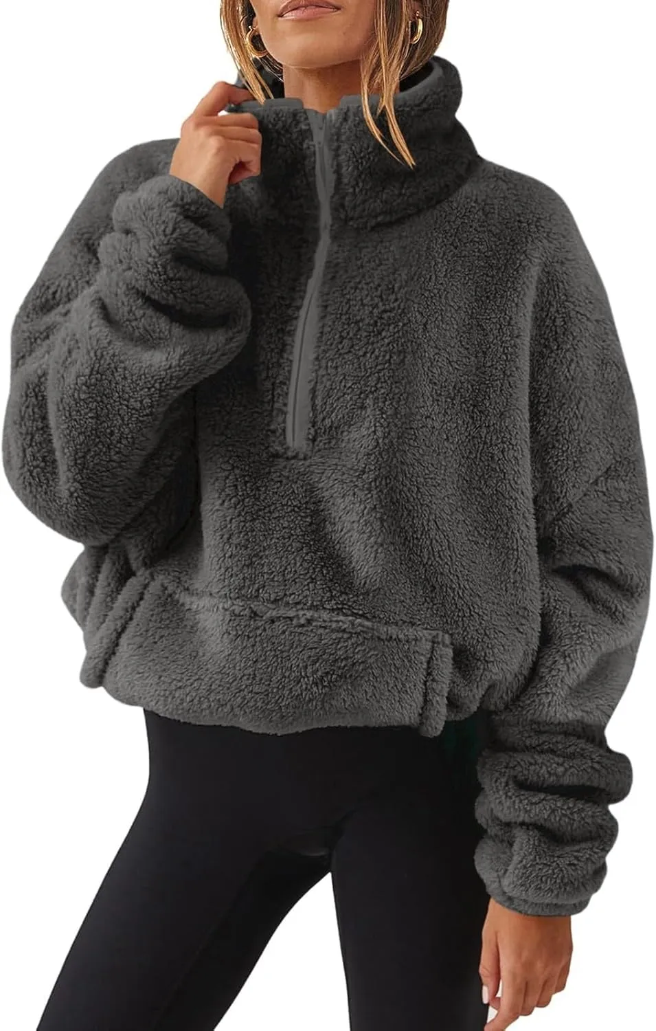 Cropped Half Zip Pullover Women Comfy Warm Sherpa Fleece Sweatshirt No Hood Quarter Zip Sweater with Pockets