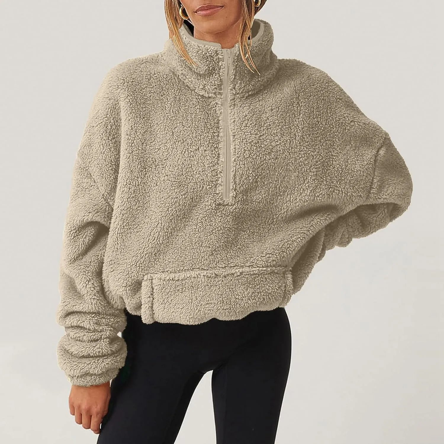 Cropped Half Zip Pullover Women Comfy Warm Sherpa Fleece Sweatshirt No Hood Quarter Zip Sweater with Pockets