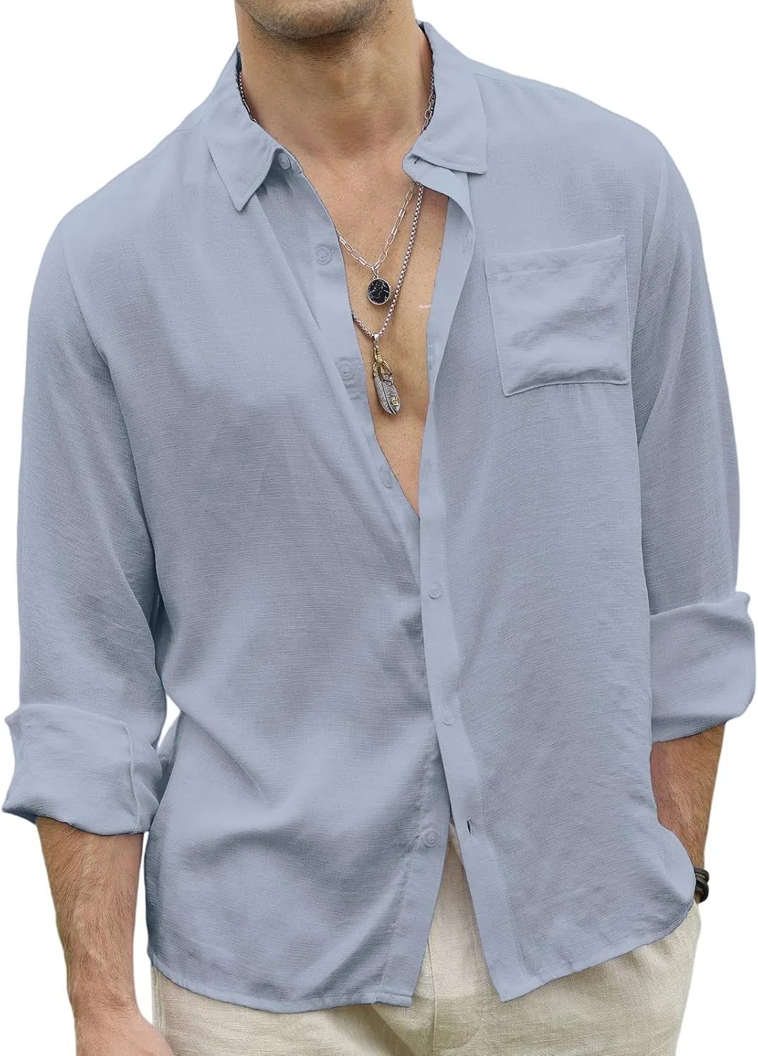 CTU Men's Fashion Summer Casual Button Down Shirt Long Sleeve Solid Color Holiday Beach Shirts