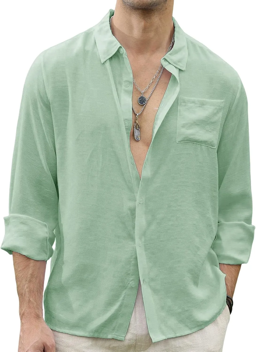 CTU Men's Fashion Summer Casual Button Down Shirt Long Sleeve Solid Color Holiday Beach Shirts