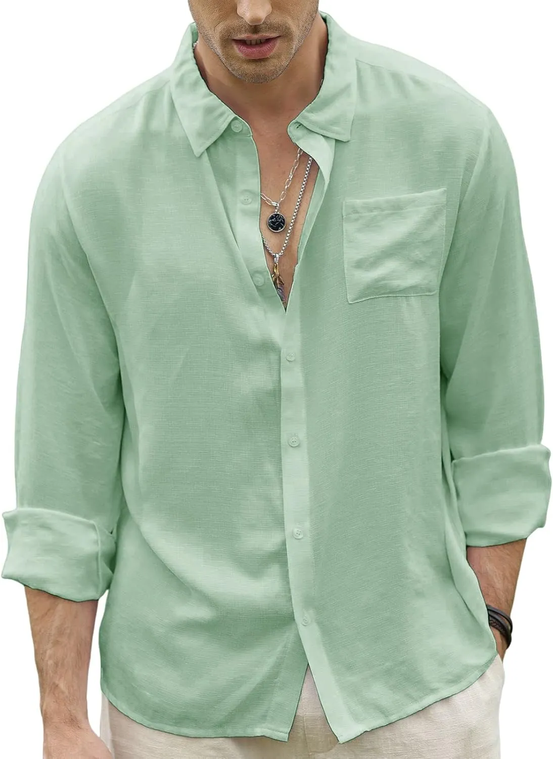 CTU Men's Fashion Summer Casual Button Down Shirt Long Sleeve Solid Color Holiday Beach Shirts