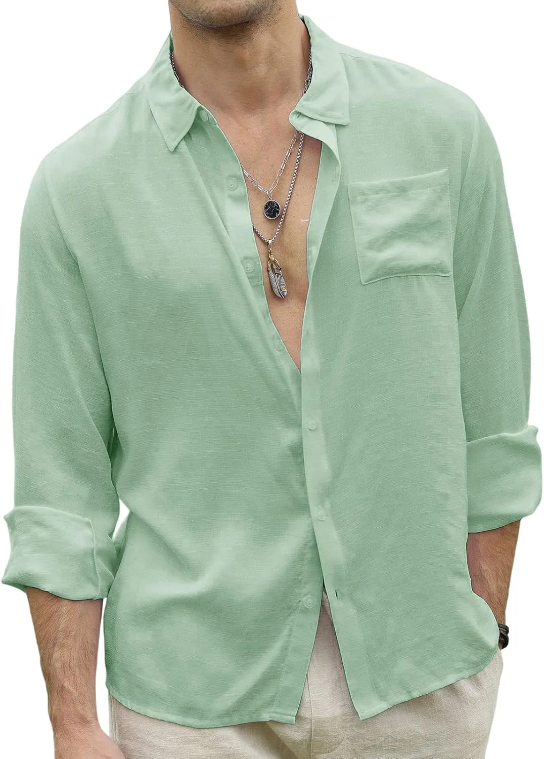 CTU Men's Fashion Summer Casual Button Down Shirt Long Sleeve Solid Color Holiday Beach Shirts