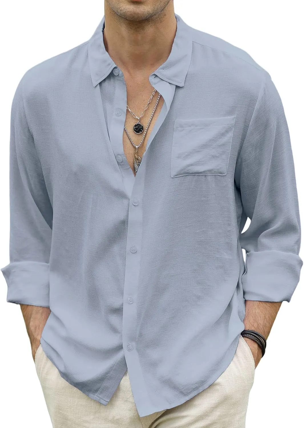 CTU Men's Fashion Summer Casual Button Down Shirt Long Sleeve Solid Color Holiday Beach Shirts