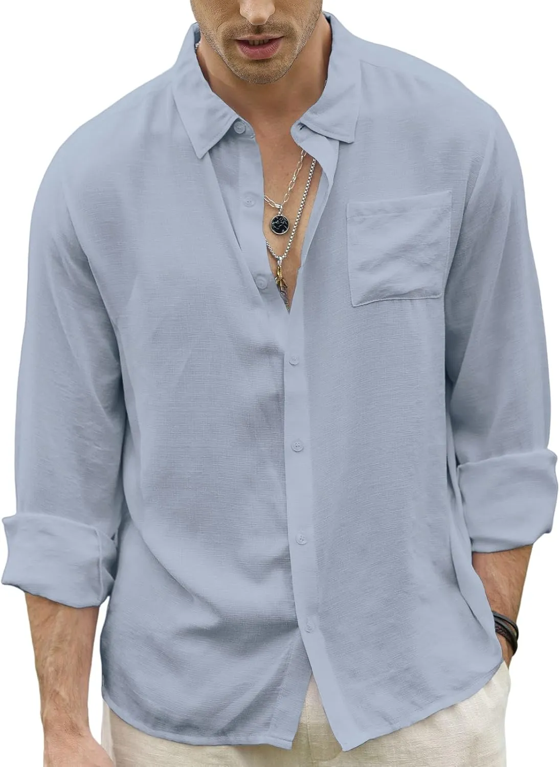 CTU Men's Fashion Summer Casual Button Down Shirt Long Sleeve Solid Color Holiday Beach Shirts
