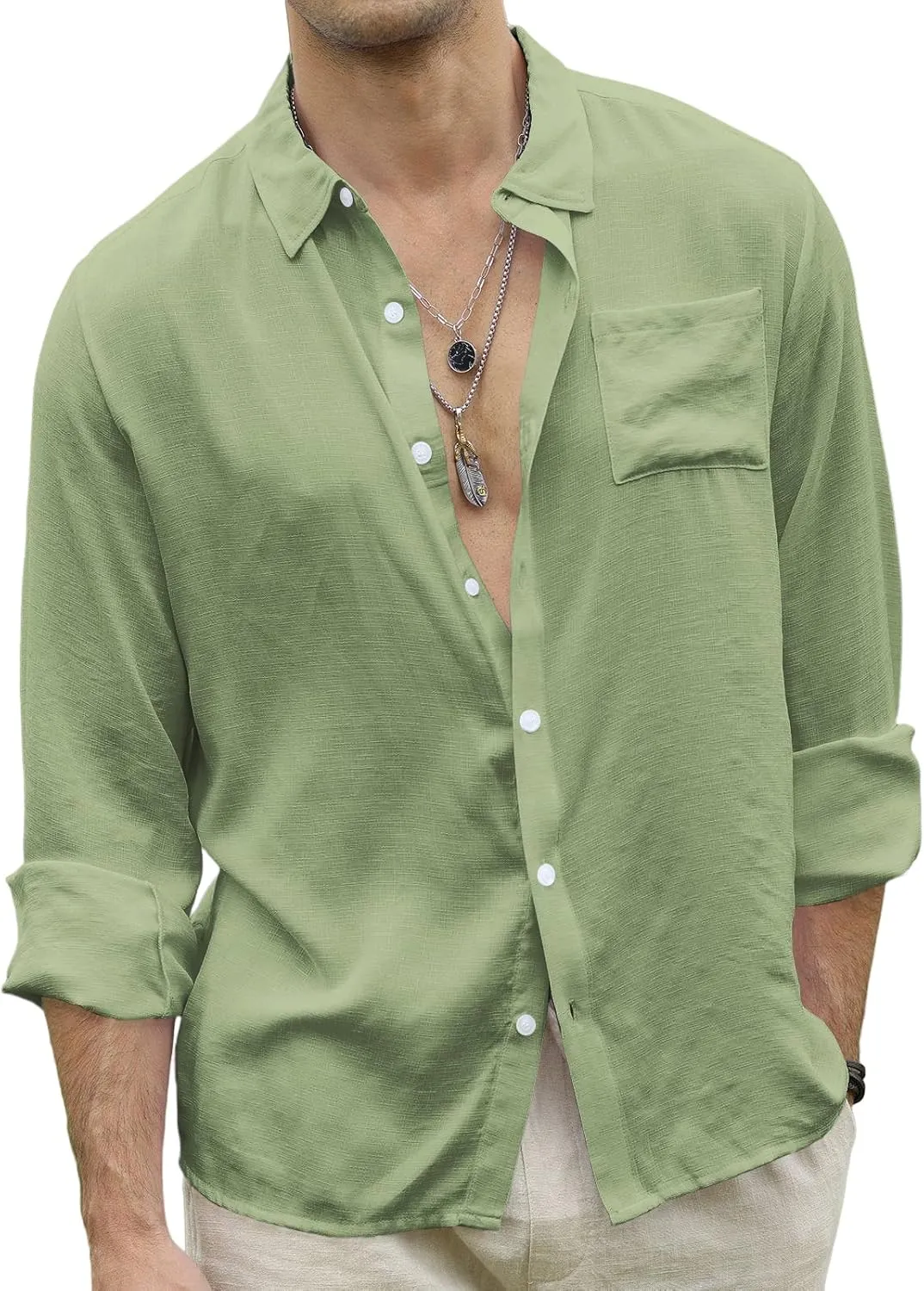 CTU Men's Fashion Summer Casual Button Down Shirt Long Sleeve Solid Color Holiday Beach Shirts