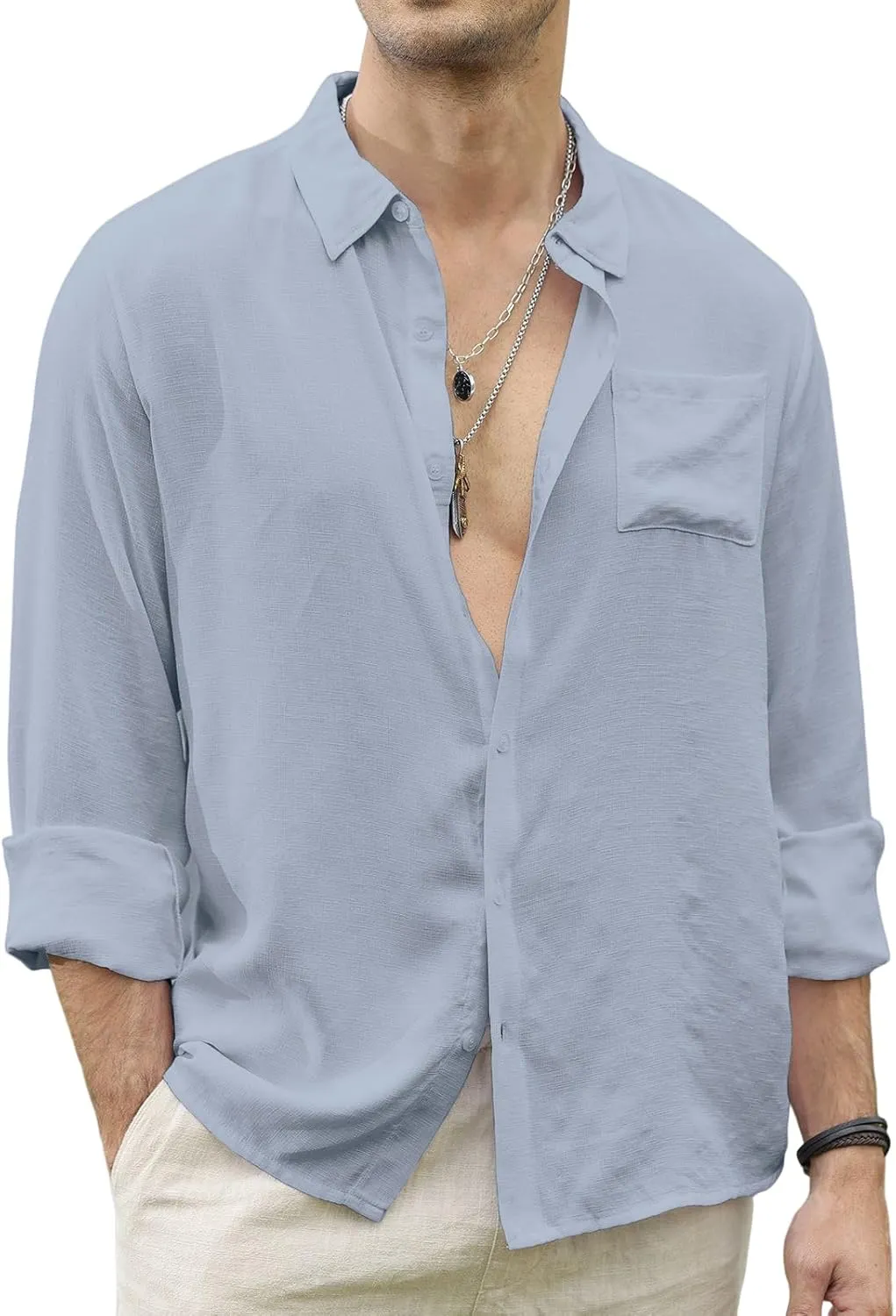 CTU Men's Fashion Summer Casual Button Down Shirt Long Sleeve Solid Color Holiday Beach Shirts