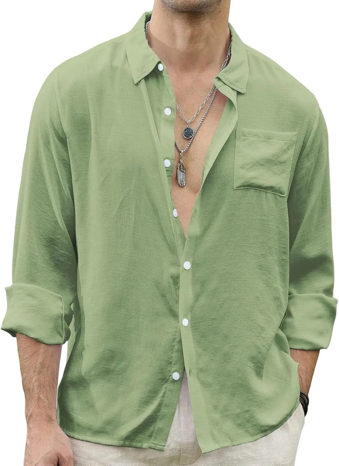 CTU Men's Fashion Summer Casual Button Down Shirt Long Sleeve Solid Color Holiday Beach Shirts