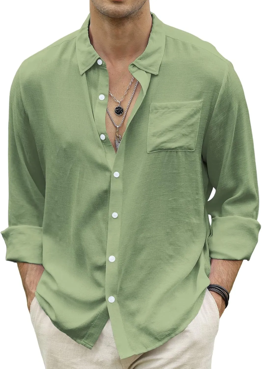CTU Men's Fashion Summer Casual Button Down Shirt Long Sleeve Solid Color Holiday Beach Shirts