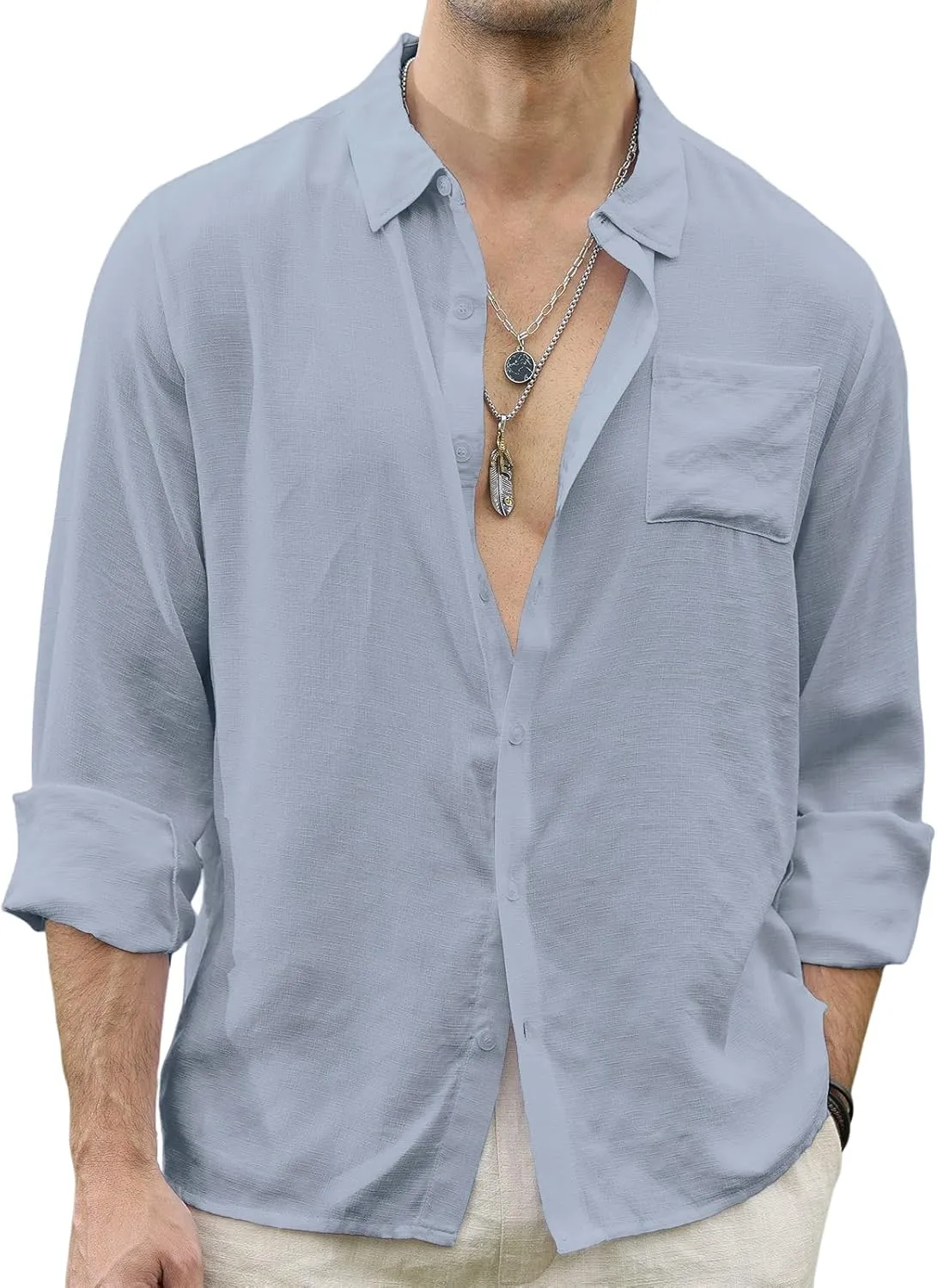 CTU Men's Fashion Summer Casual Button Down Shirt Long Sleeve Solid Color Holiday Beach Shirts