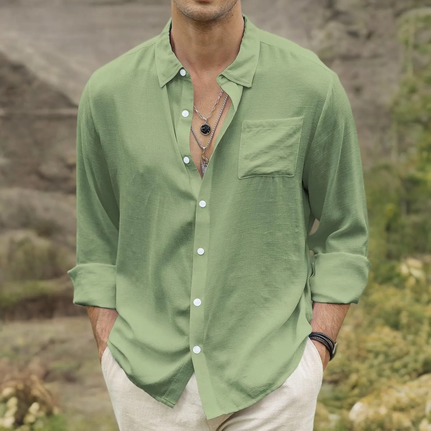 CTU Men's Fashion Summer Casual Button Down Shirt Long Sleeve Solid Color Holiday Beach Shirts