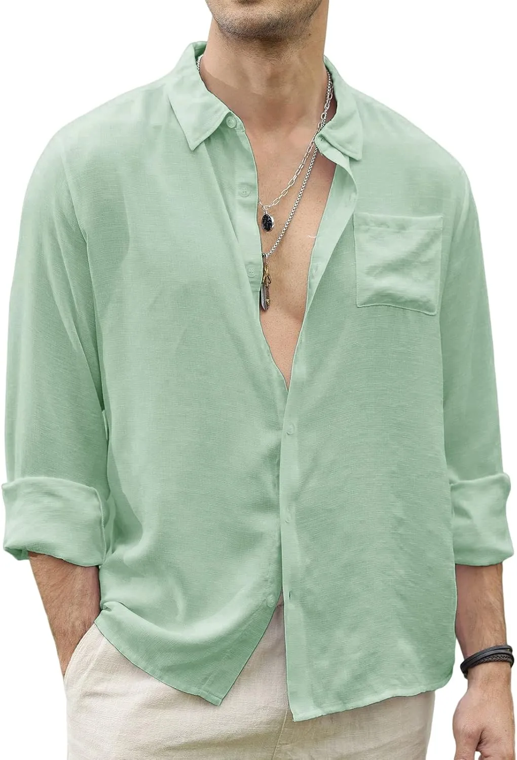 CTU Men's Fashion Summer Casual Button Down Shirt Long Sleeve Solid Color Holiday Beach Shirts