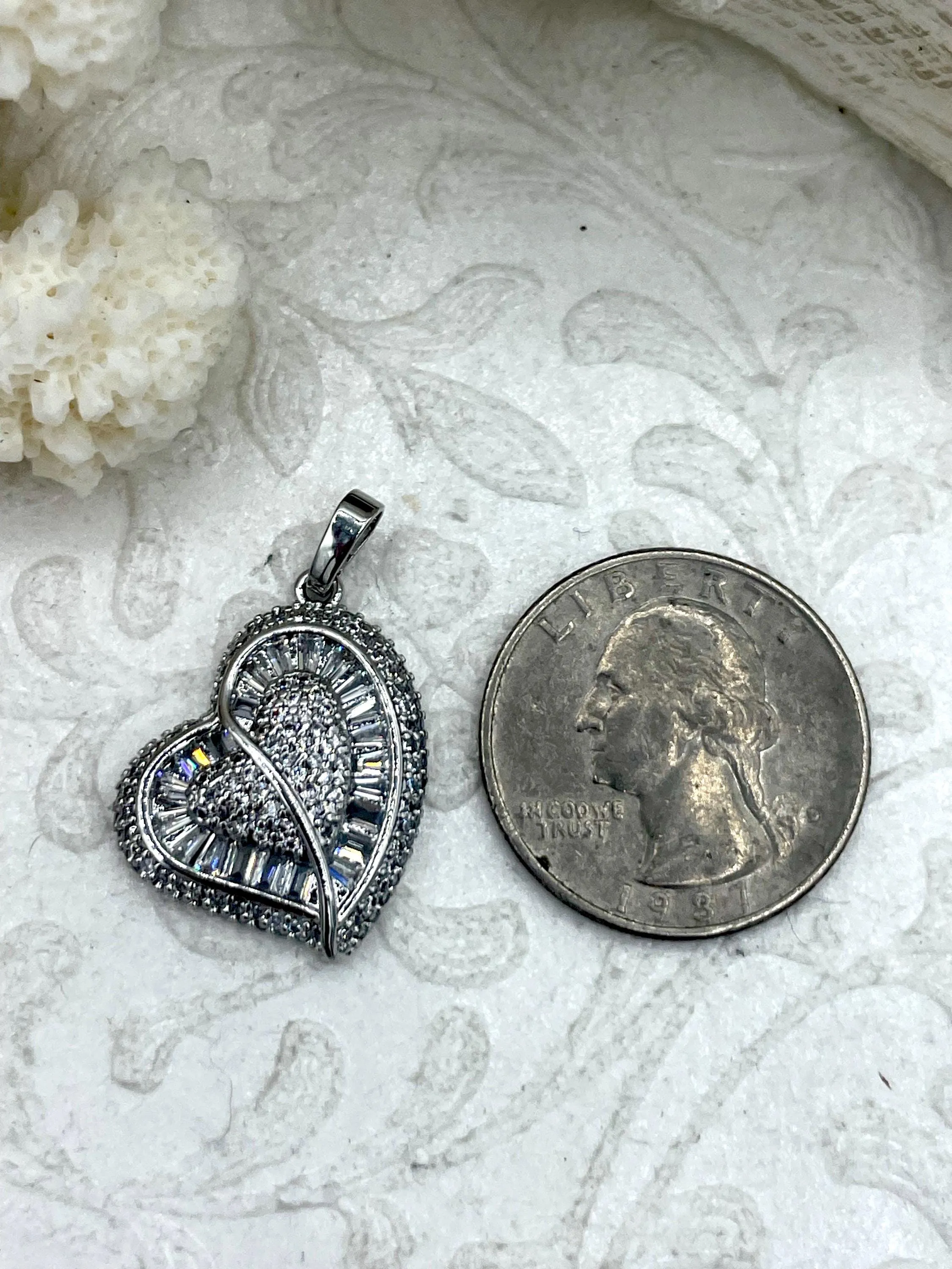 CZ Micro PAVE Heart Charms, Gold or Silver Heart Charms, Clear Cubic Zirconia, Gold or Silver Plated Brass, Heart Pendants, Fast Ship