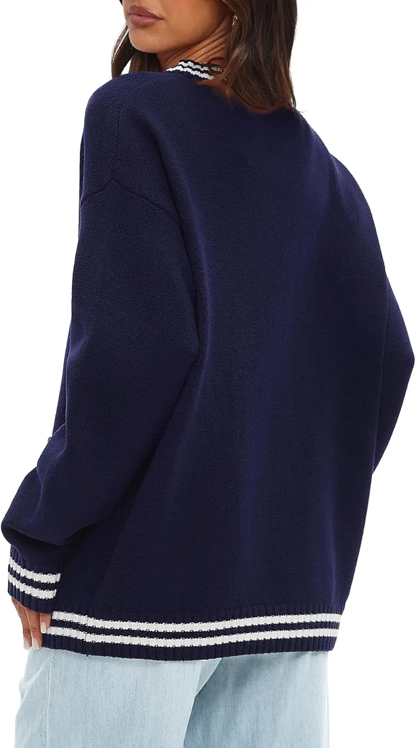 Darong Women Oversized Cardigan Sweaters Knit Button Front Stripes Trim Cardigan Tops Fall Outfits with Pockets