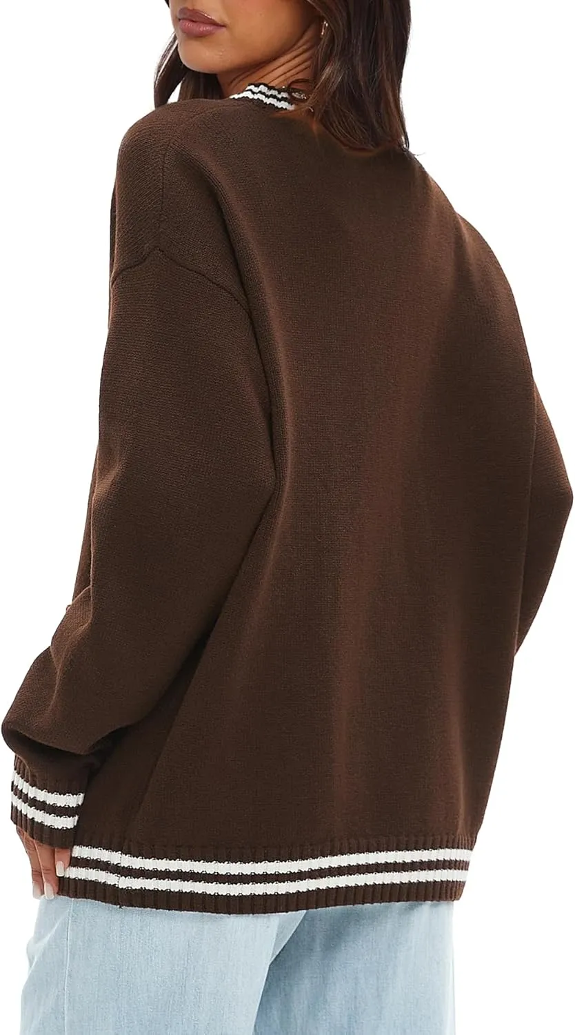 Darong Women Oversized Cardigan Sweaters Knit Button Front Stripes Trim Cardigan Tops Fall Outfits with Pockets