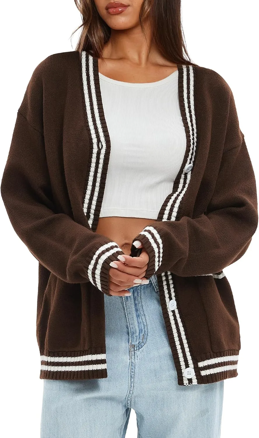 Darong Women Oversized Cardigan Sweaters Knit Button Front Stripes Trim Cardigan Tops Fall Outfits with Pockets