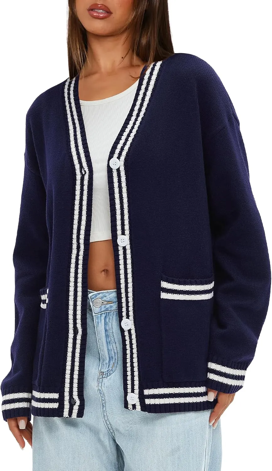 Darong Women Oversized Cardigan Sweaters Knit Button Front Stripes Trim Cardigan Tops Fall Outfits with Pockets