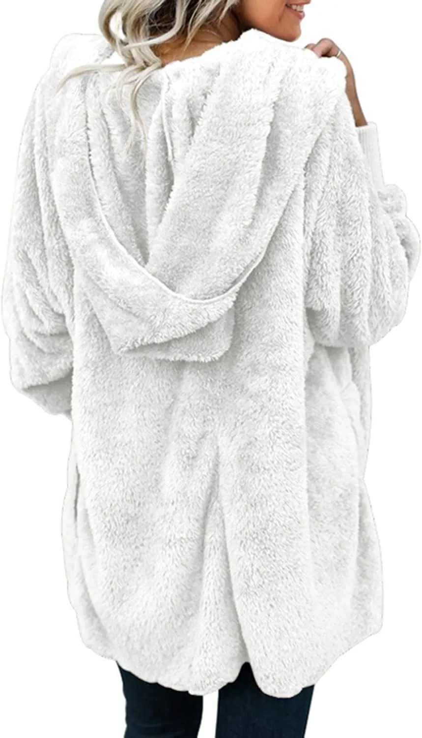 Dokotoo Womens 2024 Winter Long Sleeve Solid Fuzzy Fleece Open Front Hooded Cardigans Jacket Coats Outerwear with Pocket