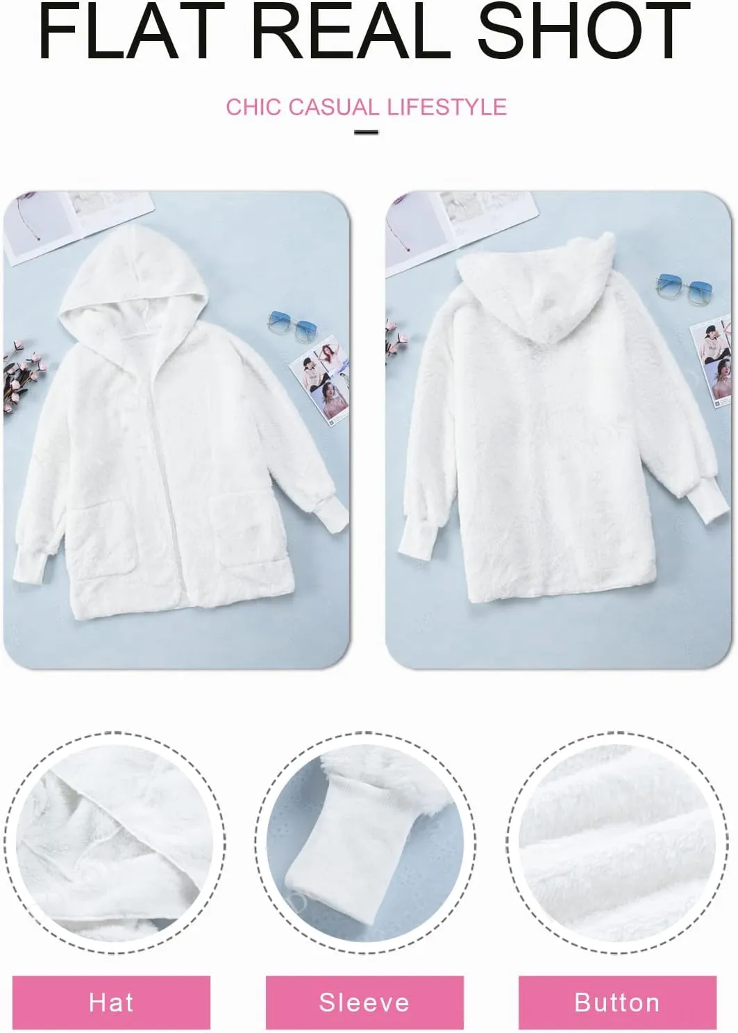 Dokotoo Womens 2024 Winter Long Sleeve Solid Fuzzy Fleece Open Front Hooded Cardigans Jacket Coats Outerwear with Pocket