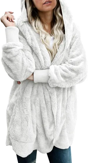 Dokotoo Womens 2024 Winter Long Sleeve Solid Fuzzy Fleece Open Front Hooded Cardigans Jacket Coats Outerwear with Pocket