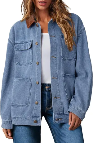 Dokotoo Women's Denim Jacket Oversized Contrast Collar Jean Jackets 2025 Spring Outfits Vintage Long Sleeve Shirts