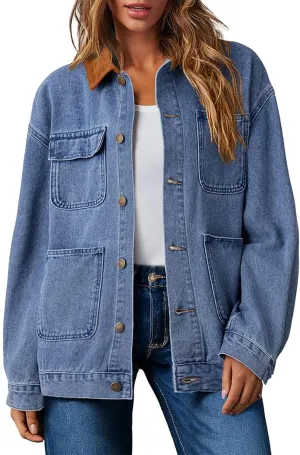 Dokotoo Women's Denim Jacket Oversized Contrast Collar Jean Jackets 2025 Spring Outfits Vintage Long Sleeve Shirts