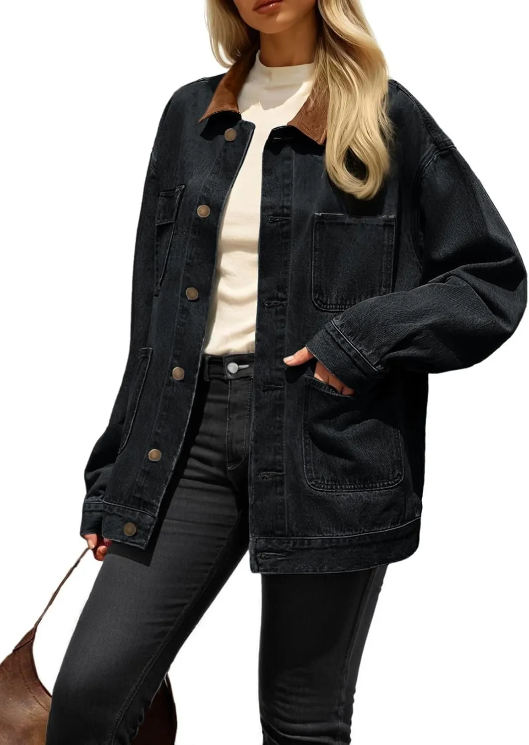 Dokotoo Women's Denim Jacket Oversized Contrast Collar Jean Jackets 2025 Spring Outfits Vintage Long Sleeve Shirts