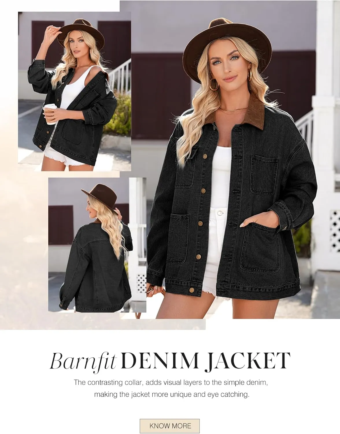 Dokotoo Women's Denim Jacket Oversized Contrast Collar Jean Jackets 2025 Spring Outfits Vintage Long Sleeve Shirts