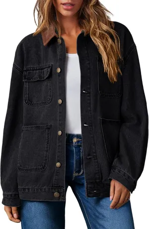 Dokotoo Women's Denim Jacket Oversized Contrast Collar Jean Jackets 2025 Spring Outfits Vintage Long Sleeve Shirts