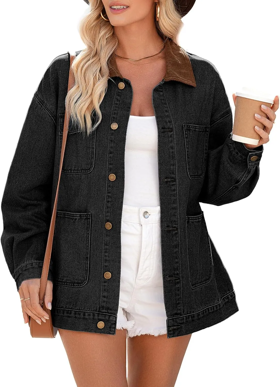 Dokotoo Women's Denim Jacket Oversized Contrast Collar Jean Jackets 2025 Spring Outfits Vintage Long Sleeve Shirts