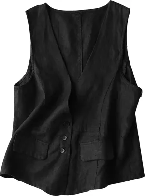 Dongfeng Women's Cotton Linen Sleeveless Vest Casual V Neck Button Down Blazer Waistcoat Jackets