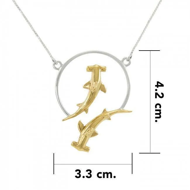 Double Hammerhead Shark Sterling Silver and 14K Gold Accent Necklace MNC434