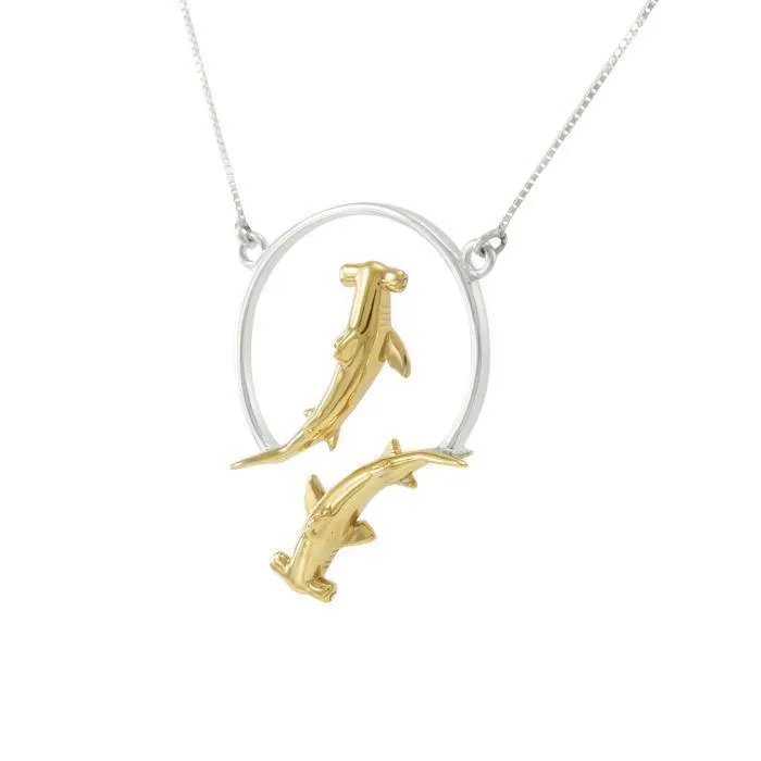 Double Hammerhead Shark Sterling Silver and 14K Gold Accent Necklace MNC434