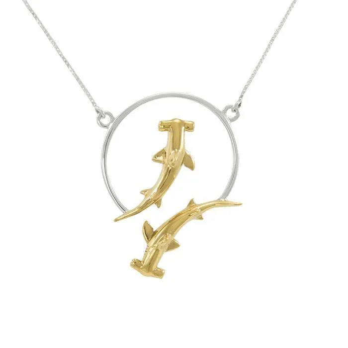 Double Hammerhead Shark Sterling Silver and 14K Gold Accent Necklace MNC434