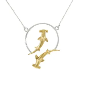Double Hammerhead Shark Sterling Silver and 14K Gold Accent Necklace MNC434