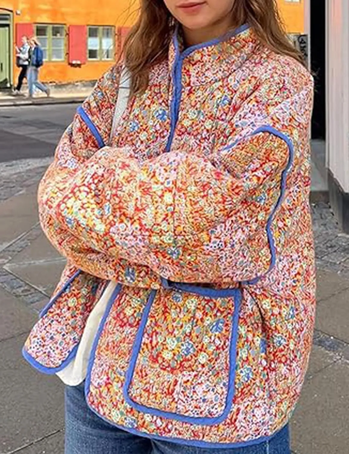Eisctnd Women's Cropped Puffer Quilted Jacket Cardigan Floral Printed Lightweight Long Sleeve Short Padded Coats