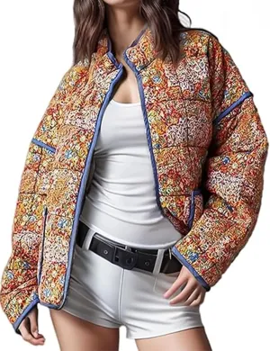 Eisctnd Women's Cropped Puffer Quilted Jacket Cardigan Floral Printed Lightweight Long Sleeve Short Padded Coats