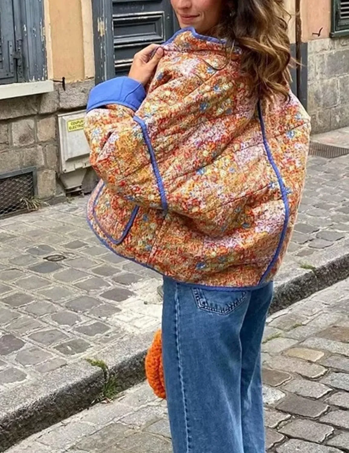 Eisctnd Women's Cropped Puffer Quilted Jacket Cardigan Floral Printed Lightweight Long Sleeve Short Padded Coats