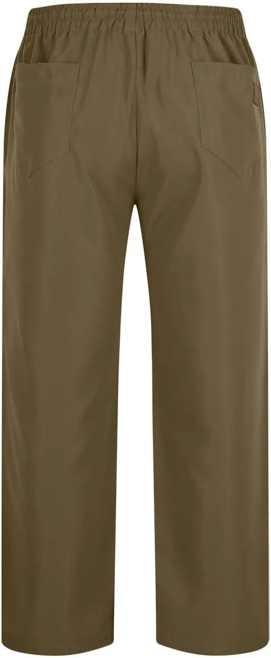 Elastic Waist Cotton Casual Pants Men Relaxed Pockets Summer Outdoor Daily Lounge Travel Hiking Breathable Durable
