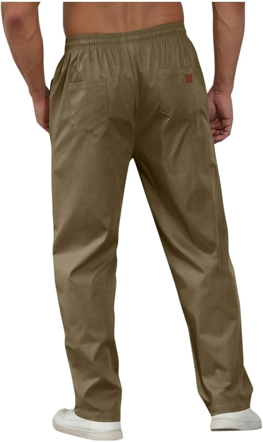 Elastic Waist Cotton Casual Pants Men Relaxed Pockets Summer Outdoor Daily Lounge Travel Hiking Breathable Durable