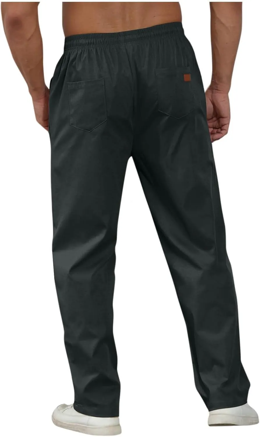 Elastic Waist Cotton Casual Pants Men Relaxed Pockets Summer Outdoor Daily Lounge Travel Hiking Breathable Durable