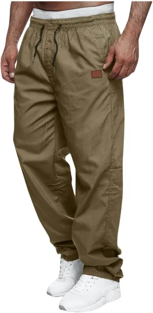 Elastic Waist Cotton Casual Pants Men Relaxed Pockets Summer Outdoor Daily Lounge Travel Hiking Breathable Durable